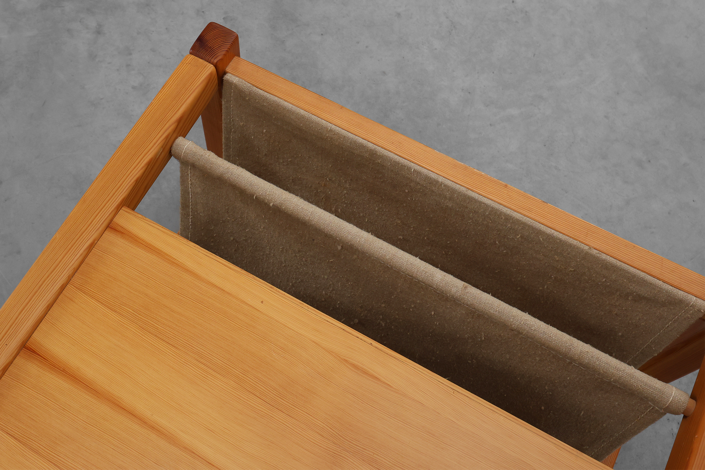 Pine and linen coffee table with magazine rack by Karin Möbring, Sweden 1970sthumbnail